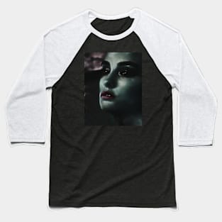 Portrait, digital collage and special processing. Woman. Like in night dreams. Dark desaturated green. Baseball T-Shirt